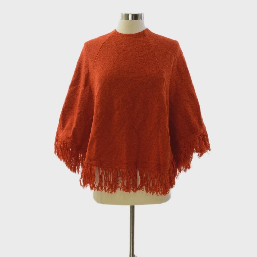 70s Vintage Burnt Orange Poncho Sweater Womens XS/S Fringe Western Boho Cape